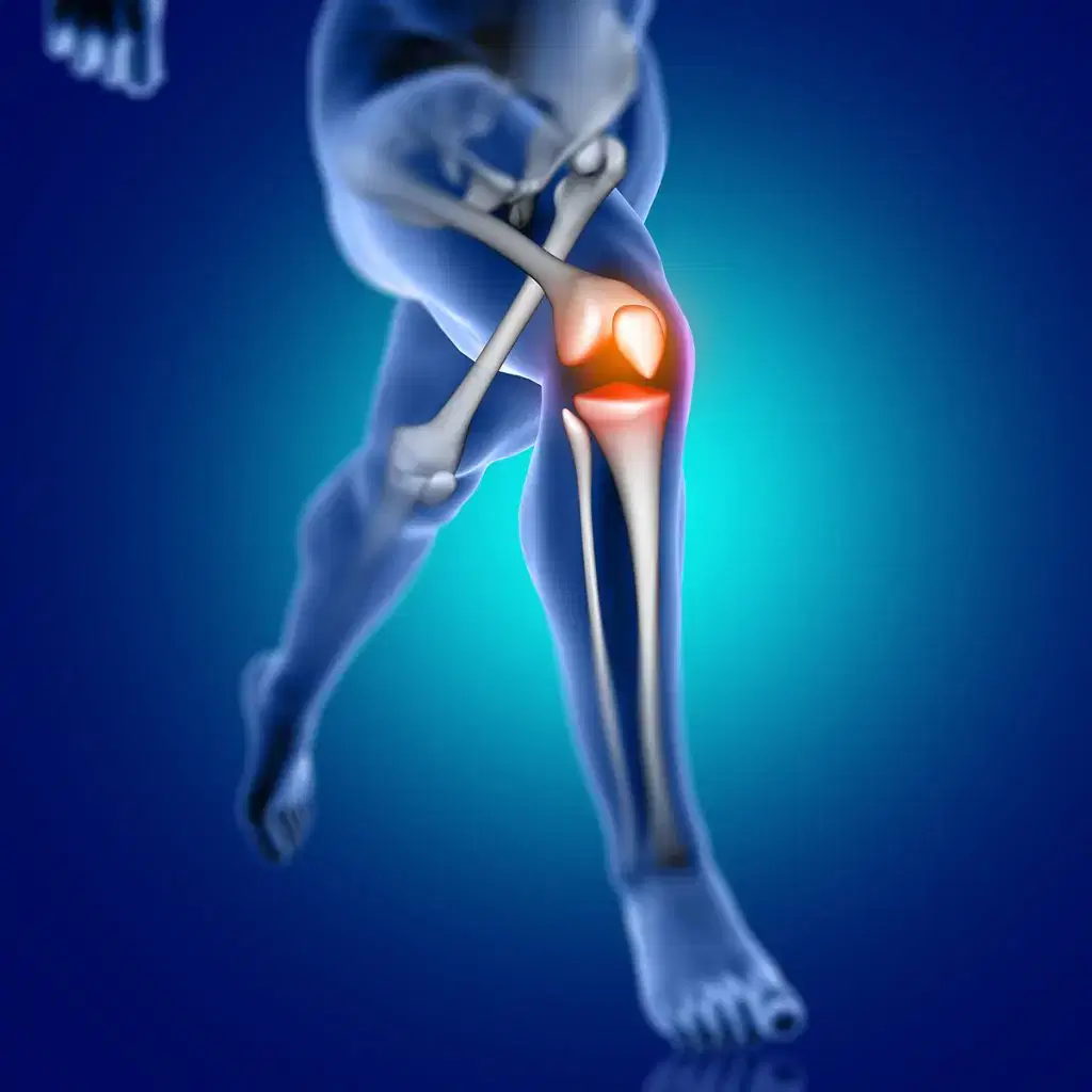 3d male medical figure running with knee bone highlighted